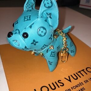 Luxury Teal Monogram Leather Puppy Keychain